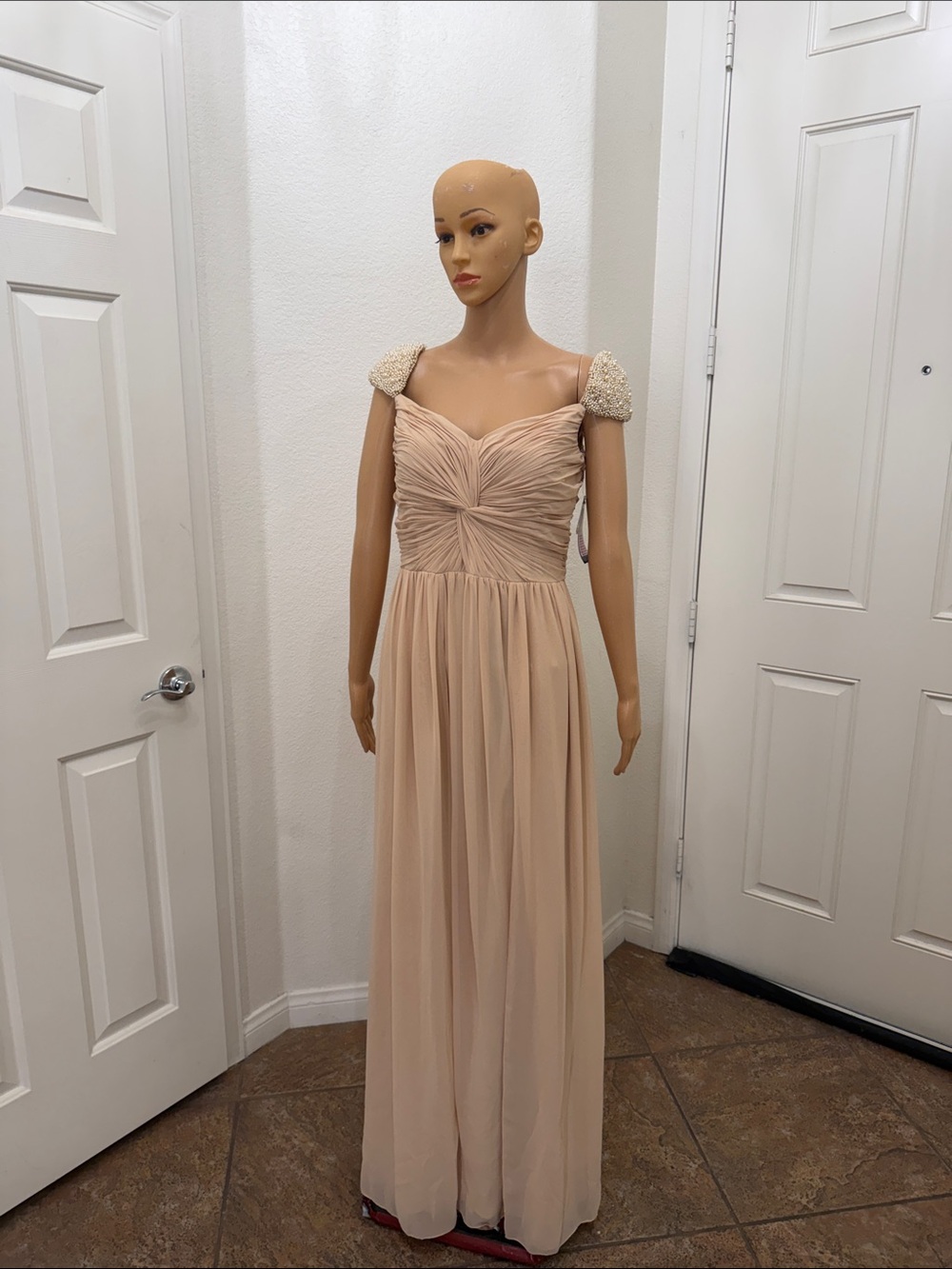 Cachet Blush Beige Chiffon Maxi Dress Size 6 Ruched Bodice Beaded Cap Shoulders